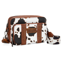 WG133-3003  Wrangler Cow Print Crossbody Purse With Wallet Compartment - Brown
