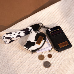 WG133-W0051  Wrangler Cow Print Dual Pouch Wristlet -Black