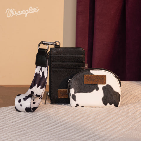 WG133-W0051  Wrangler Cow Print Dual Pouch Wristlet -Black