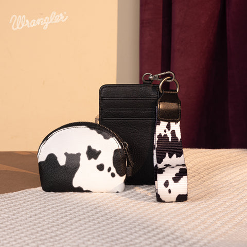 WG133-W0051  Wrangler Cow Print Dual Pouch Wristlet -Black
