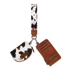 WG133-W0051  Wrangler Cow Print Dual Pouch Wristlet -Brown