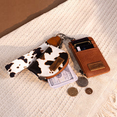 WG133-W0051  Wrangler Cow Print Dual Pouch Wristlet -Brown