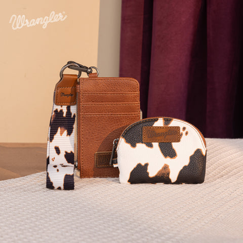 WG133-W0051  Wrangler Cow Print Dual Pouch Wristlet -Brown