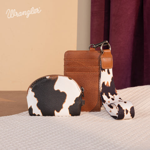 WG133-W0051  Wrangler Cow Print Dual Pouch Wristlet -Brown
