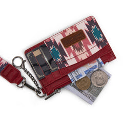 WG137-W0092  Wrangler Aztec Print Key Chain Wristlet Card Wallet - Burgundy