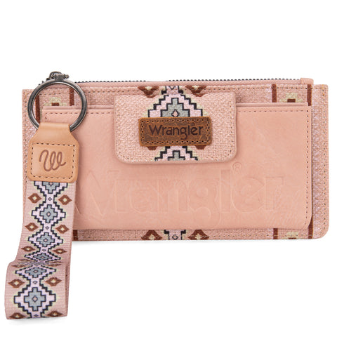 WG139-W013 Wrangler Aztec Print Bi-Fold Wallet Wristlet - Light Pink