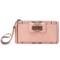 WG139-W013 Wrangler Aztec Print Bi-Fold Wallet Wristlet - Light Pink