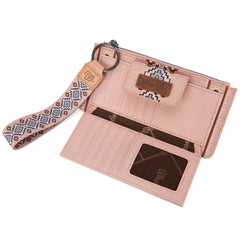 WG139-W013 Wrangler Aztec Print Bi-Fold Wallet Wristlet - Light Pink