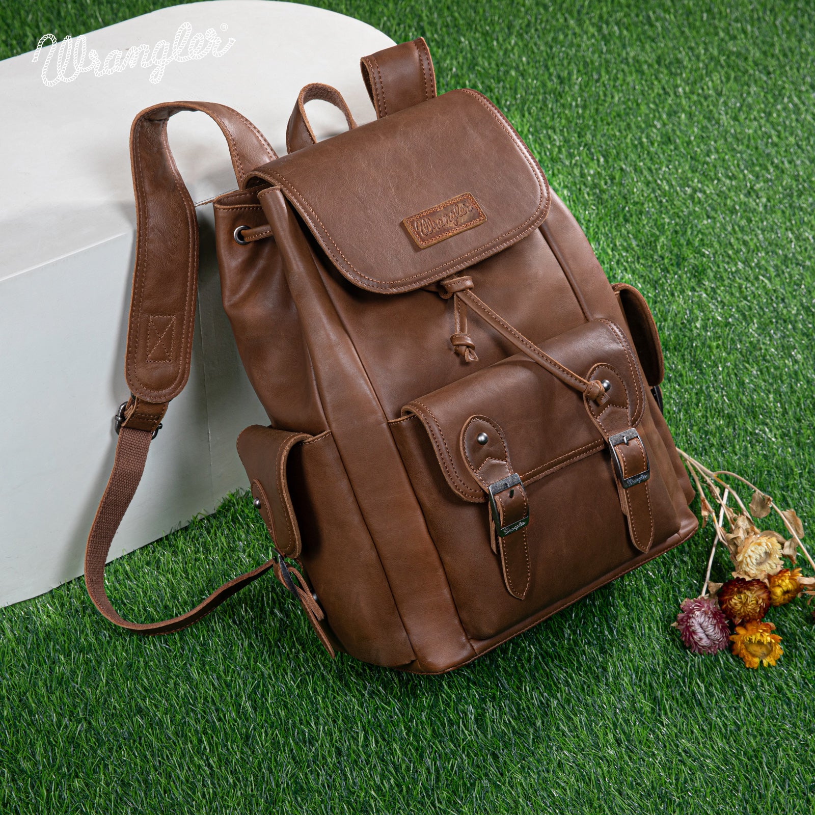 double buckle faux leather brown backpack WG143-9110 Wrangler 100% Genuine Leather Backpack