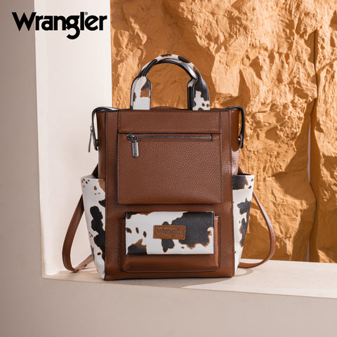 WG161-91123  Wrangler  Cow Print Tote/Shoulder Bag Convertible Backpack - Brown-Brown