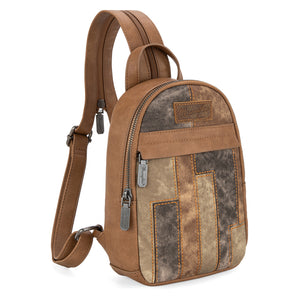 WG164-210 Wrangler Denim Patchwork Mini Backpack with Detachable Coin Pouch - Brown