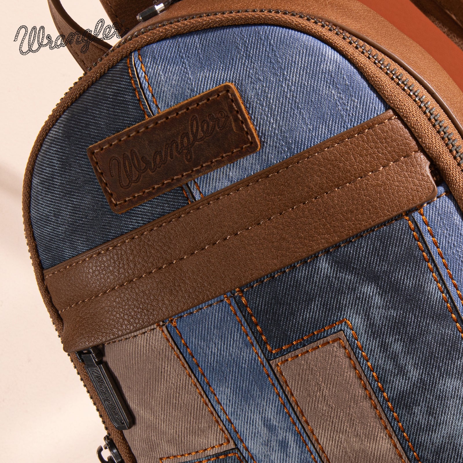 WG164-210 Wrangler Denim Patchwork Mini Backpack with Detachable Coin