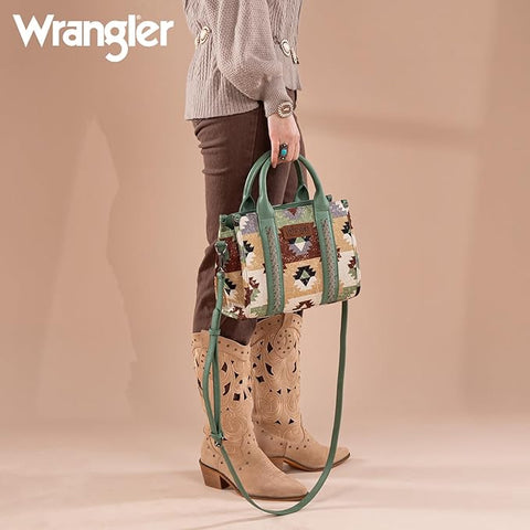 WG166G-81203S  Wrangler Southwestern Pattern Dual Sided Print-Tote/Crossbody -Green