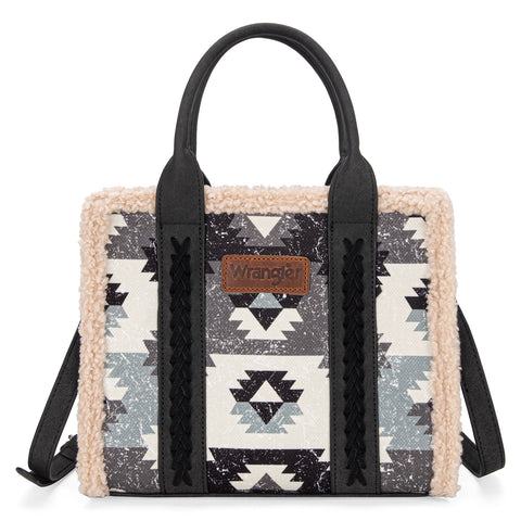 WG166G-8120 Wrangler Sherpa Southwestern Print Small Canvas Tote/Crossbody - Black