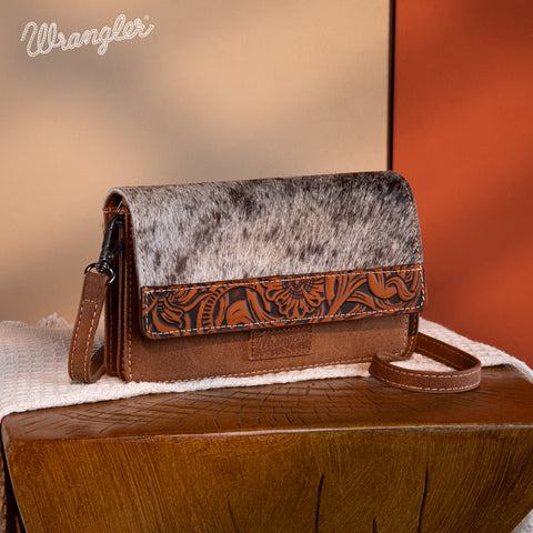 WG169-W030  Wrangler Genuine Hair-On Cowhide Wallet/Crossbody  -Brown