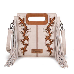 WG193-2003  Wrangler Top Handle Boot Scroll Fringe Tote/Crossbody -Beige