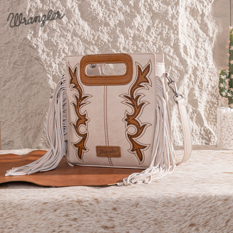 WG193-2003  Wrangler Top Handle Boot Scroll Fringe Tote/Crossbody -Beige