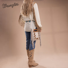 WG193-2003  Wrangler Top Handle Boot Scroll Fringe Tote/Crossbody -Beige
