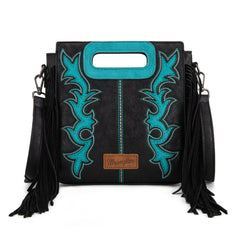 WG193-2003  Wrangler Top Handle Boot Scroll Fringe Tote/Crossbody -Black