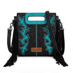 WG193-2003  Wrangler Top Handle Boot Scroll Fringe Tote/Crossbody -Black