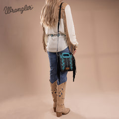 WG193-2003  Wrangler Top Handle Boot Scroll Fringe Tote/Crossbody -Black