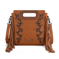 WG193-2003  Wrangler Top Handle Boot Scroll Fringe Tote/Crossbody -Brown