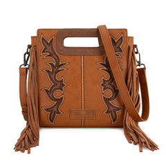 WG193-2003  Wrangler Top Handle Boot Scroll Fringe Tote/Crossbody -Brown