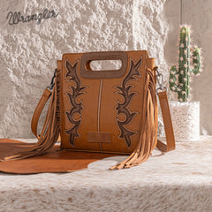WG193-2003  Wrangler Top Handle Boot Scroll Fringe Tote/Crossbody -Brown
