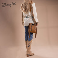 WG193-2003  Wrangler Top Handle Boot Scroll Fringe Tote/Crossbody -Brown