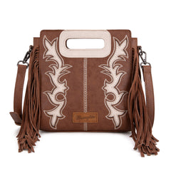 WG193-2003  Wrangler Top Handle Boot Scroll Fringe Tote/Crossbody -Coffee