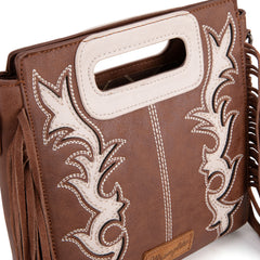 WG193-2003  Wrangler Top Handle Boot Scroll Fringe Tote/Crossbody -Coffee