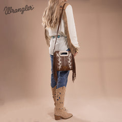 WG193-2003  Wrangler Top Handle Boot Scroll Fringe Tote/Crossbody -Coffee