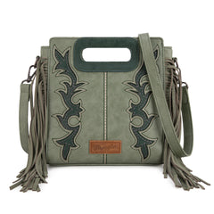WG193-2003  Wrangler Top Handle Boot Scroll Fringe Tote/Crossbody -Green