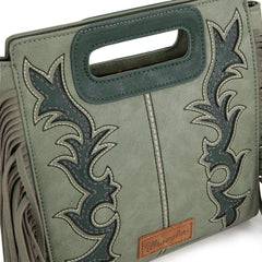 WG193-2003  Wrangler Top Handle Boot Scroll Fringe Tote/Crossbody -Green