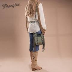 WG193-2003  Wrangler Top Handle Boot Scroll Fringe Tote/Crossbody -Green