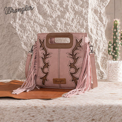 WG193-2003  Wrangler Top Handle Boot Scroll Fringe Tote/Crossbody -Pink