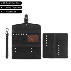 WG195-W054  Wrangler Western Cow-Print Tri-fold RFID Wallet/Wristlet With Detachable Credit Card Holder - Black