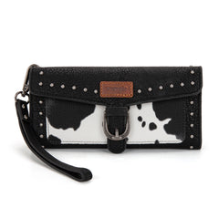 WG195-W054  Wrangler Western Cow-Print Tri-fold RFID Wallet/Wristlet With Detachable Credit Card Holder - Black