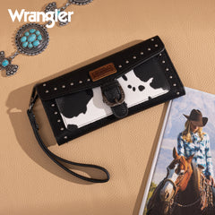 WG195-W054  Wrangler Western Cow-Print Tri-fold RFID Wallet/Wristlet With Detachable Credit Card Holder - Black
