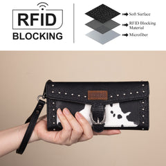 WG195-W054  Wrangler Western Cow-Print Tri-fold RFID Wallet/Wristlet With Detachable Credit Card Holder - Black