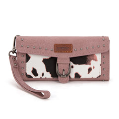 WG195-W054  Wrangler Western Cow-Print Tri-fold RFID Wallet/Wristlet With Detachable Credit Card Holder - Pink