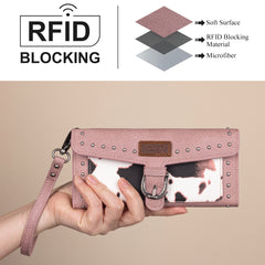 WG195-W054  Wrangler Western Cow-Print Tri-fold RFID Wallet/Wristlet With Detachable Credit Card Holder - Pink