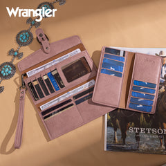 WG195-W054  Wrangler Western Cow-Print Tri-fold RFID Wallet/Wristlet With Detachable Credit Card Holder - Pink