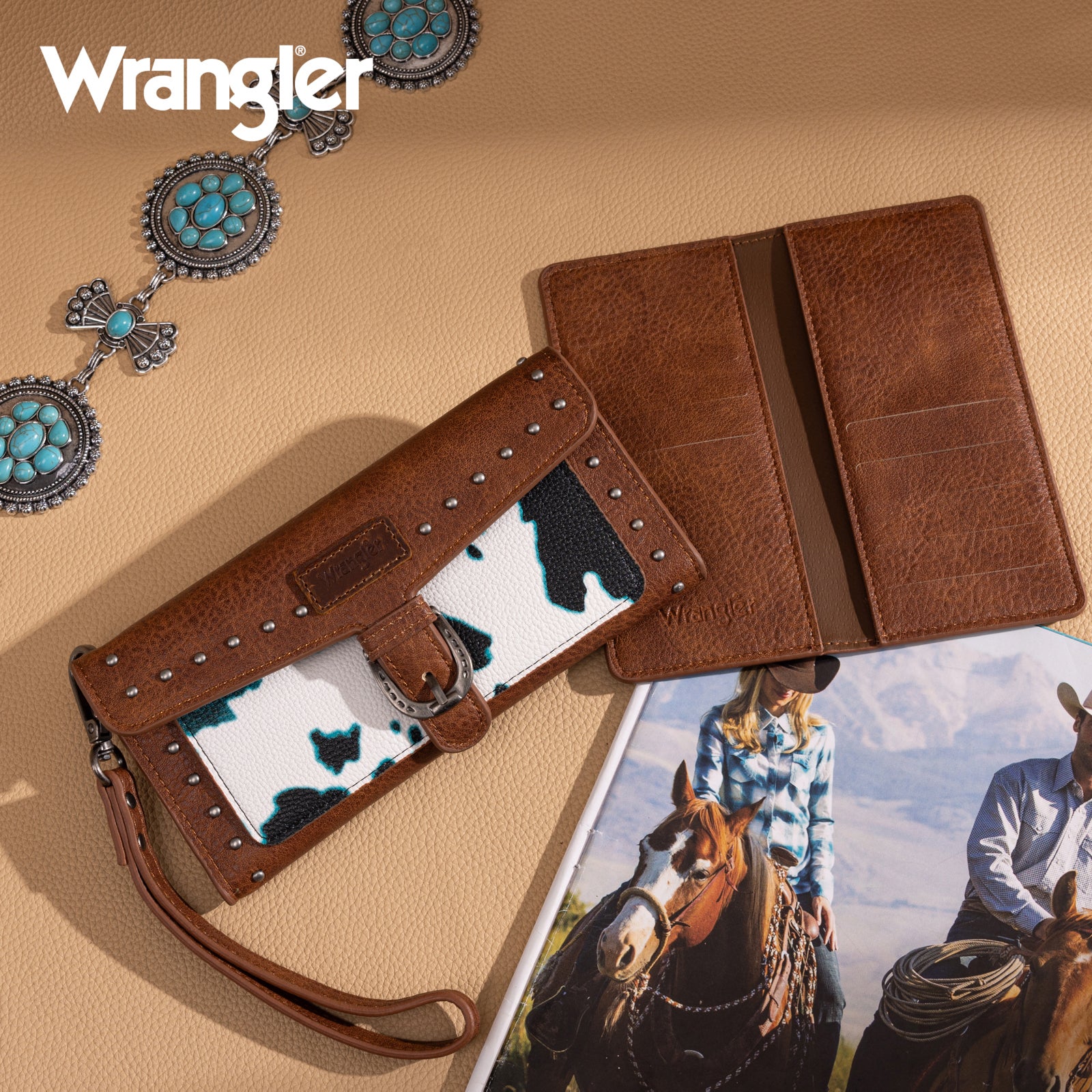 WG195-W054 Wrangler Western Cow-Print Tri-fold RFID Wallet/Wristlet Wi ...