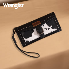 WG195-W054  Wrangler Western Cow-Print Tri-fold RFID Wallet/Wristlet With Detachable Credit Card Holder - Black