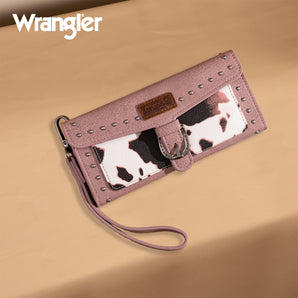 WG195-W054 Wrangler Western Cow-Print Tri-fold RFID Wallet/Wristlet With Detachable Credit Card Holder - Pink