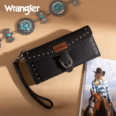 WG195-W055  Wrangler Western  Tri-fold RFID Wallet/Wristlet With Detachable Credit Card Holder -Black