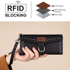 WG195-W055  Wrangler Western  Tri-fold RFID Wallet/Wristlet With Detachable Credit Card Holder -Black
