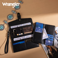 WG195-W055  Wrangler Western  Tri-fold RFID Wallet/Wristlet With Detachable Credit Card Holder -Black