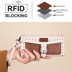 WG195-W055  Wrangler Western  Tri-fold RFID Wallet/Wristlet With Detachable Credit Card Holder -Brown-Tan